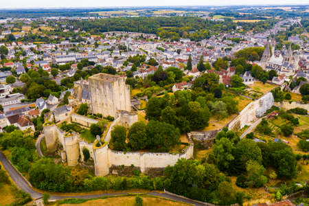 Flight over the city Loches and the Royal castle Loches on summer dayの写真素材