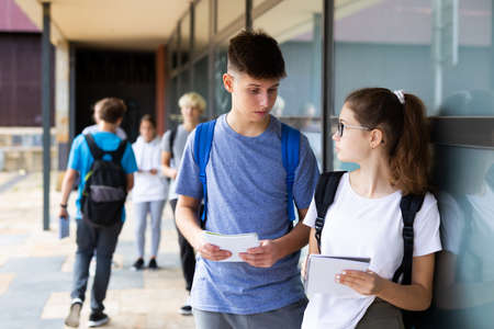 Two teenage students exchange lectures near the college building on summer dayの写真素材