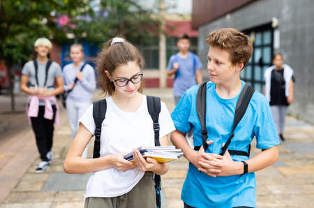 Teen girl going to lessons with classmate on autumn dayの写真素材