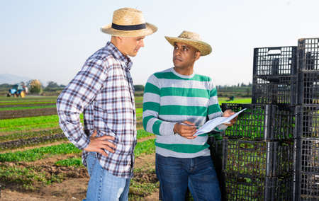 Two farmers are planning work on fieldの写真素材