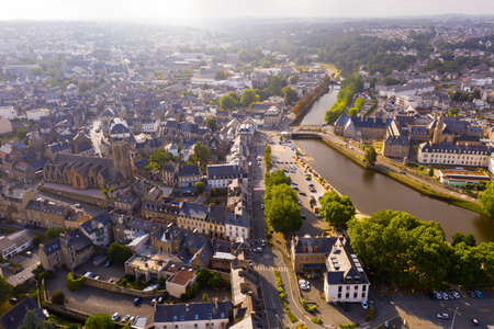 Aerial view of Lannion city on the Lege river, Brittany regionの写真素材