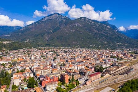 Summer view from drone of Domodossola town in Alps, Italyの写真素材
