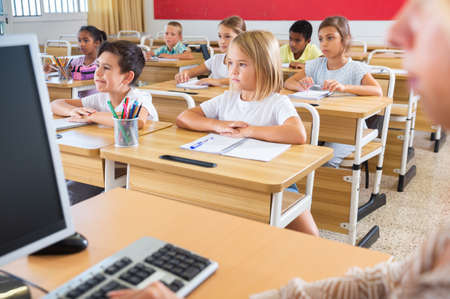 View from teacher of primary school pupils raising their handsの写真素材
