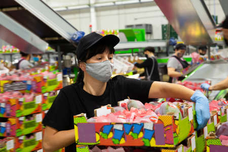 Skilled woman checking quality of selected mangosの写真素材