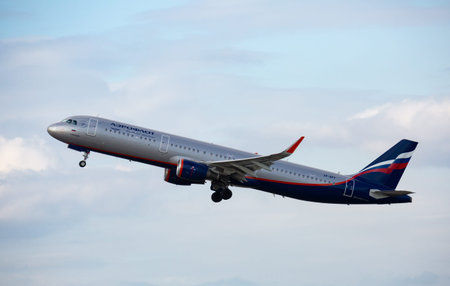 Takeoff of Aeroflot Airbus VP-BFF at El Prat Airport in Barcelona