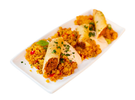 Tasty Moroccan lamb spring roll with harissa and couscous