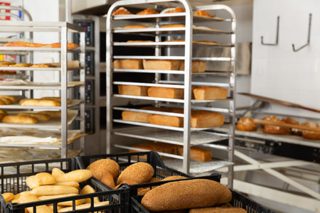 different types of bread in box and truck in bakery