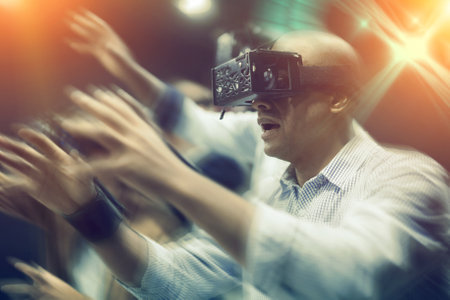 Multicultural friends using virtual reality headsets.Light laser effectの写真素材