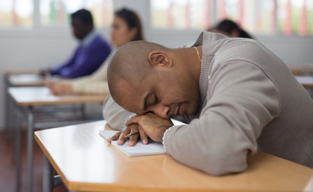 Tired bored adult man sleeping during lessonの写真素材