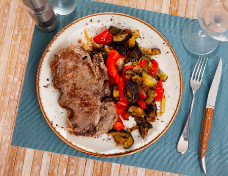 Appetizing beef with gravy and stewed vegetablesの写真素材