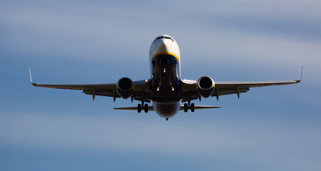 Image of passenger aircraft of company Ryanair during landingのeditorial素材