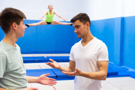 People preparing to trampoline trainingの写真素材