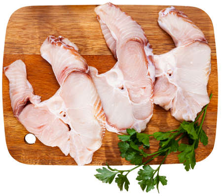 Raw blue shark fish steaks, seafood ingredientsの写真素材