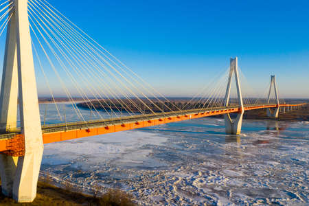 Aerial view of cable-stayed Murom Bridge across Oka riverの写真素材