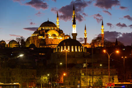Night view of lighted Suleymaniye Mosque in Istanbul, Turkeyの写真素材