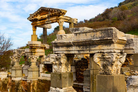 Partially reconstructed ancient fountain Nymphaeum of Trajan in Ephesus, Turkeyの写真素材