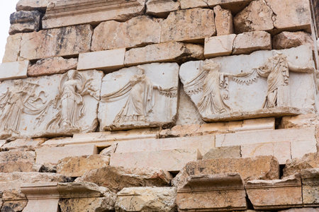 Ancient Heroon wall with figured marble reliefs in Sagalassos, Turkeyの写真素材