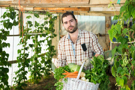 Farmer with a harvest of carrots and onions from the gardenの写真素材