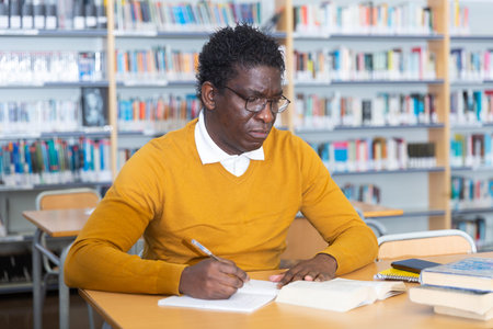 Young adult man studying in public library
