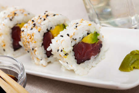 Tuna and avocado sushi uramakiの写真素材