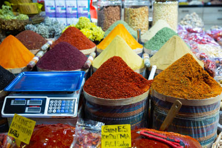 Turkish market counter with natural spices and herbsの写真素材