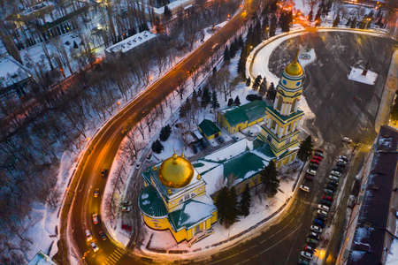View from drone of main square in Lipetsk on winter eveningの写真素材