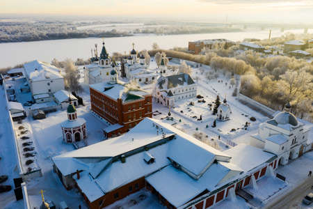 View from drone of Murom Transfiguration Monastery in winter, Russiaの写真素材