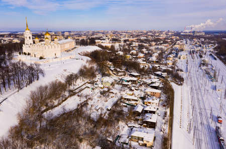 View from drone of Vladimir Dormition Cathedral on winter day, Russiaの写真素材