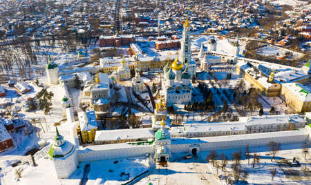 View from the drone of the Trinity-Sergius Lavra and residential quarters of the city of Sergiev Posad.の写真素材