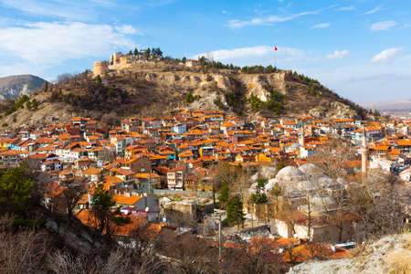 Kutahya cityscape and hill with ruined Byzantine castle, Turkeyの写真素材
