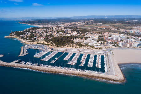 Aerial view of Torredembarra with harborの写真素材