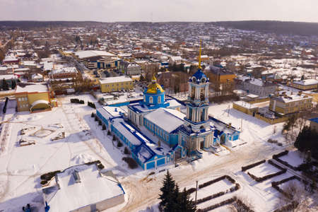 Aerial view of the Church of the Assumption of the Blessed Virgin Mary in Zadonsk in winterの写真素材