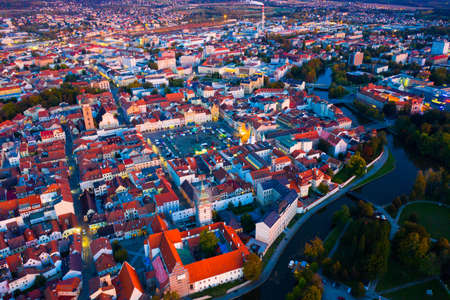 Night view from the drone on the Ceske Budejovice. Czech Republicの写真素材