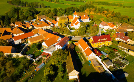 Aerial view of typical village Cakov in the Czech Republicの写真素材