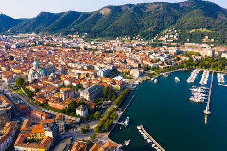 View of Como city on shore of lakeの写真素材
