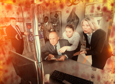 Toned image of businesspeople solving conundrums in quest room-lab