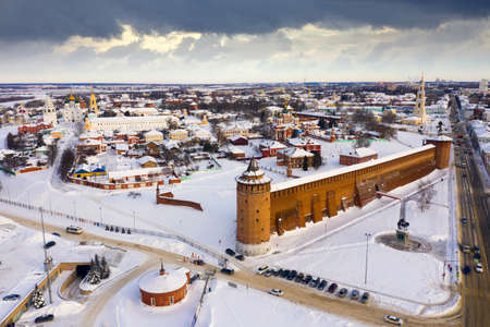 Winter aerial view of Kolomna city with ancient Kremlinの写真素材
