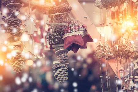Closeup view of garlands on Christmas fairの写真素材