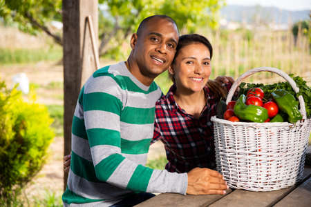 Positive family couple with harvest of vegetables in gardenの写真素材