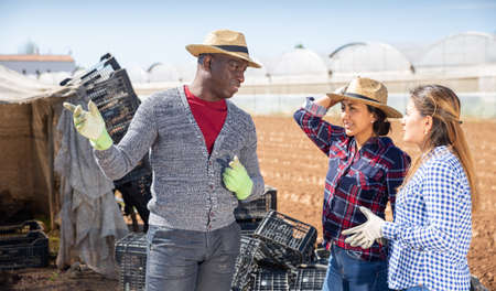 Farmer talking to female workersの写真素材