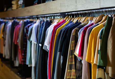 Men clothes in modern garments shopの写真素材