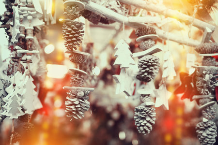 Handmade wooden Christmas toys on the street marketの写真素材