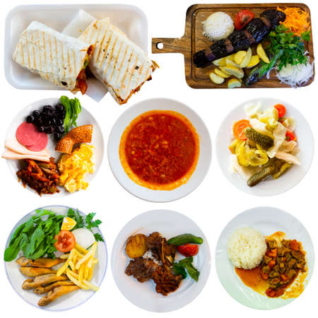 Various traditional Turkish dishes isolated on white backgroundの写真素材