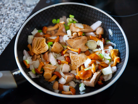 Close-up of delicious fried mushrooms with onion