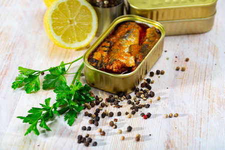 Canned spicy sardinesの写真素材