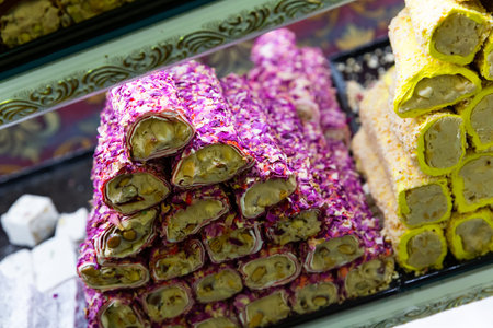 Turkish delight of various varieties on showcaseの写真素材