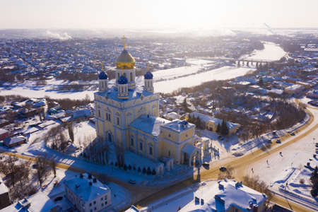 Aerial view of the Ascension Cathedral and residential areas in winter in Yeletsの写真素材