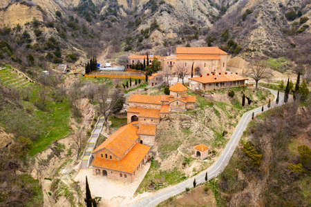 View from drone of medieval Shio-Mgvime monastery near Mtskheta, Georgiaの写真素材