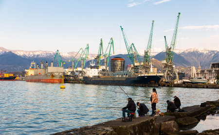Berthing line of Batumi Sea trade Port with cargo cranes
