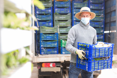 Man farmer in face mask loading boxes with onions in truck